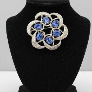 Vintage Blue Crystal Floral Brooch Mid Century 1950s 1960s